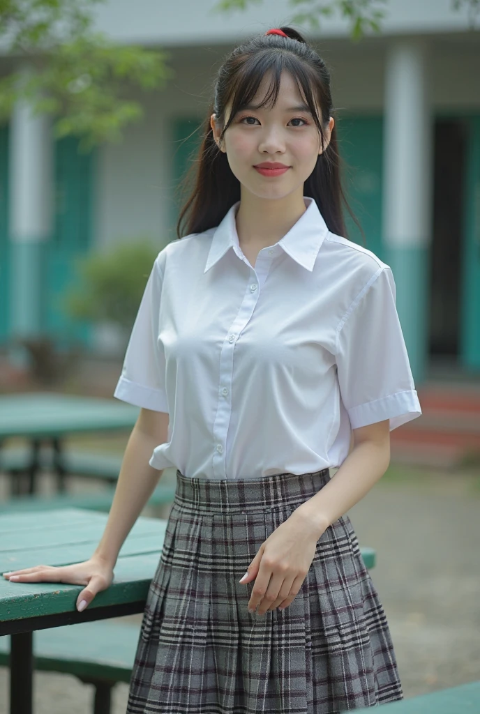1 Girl, alone, Japanese girl, 14 years old,Junior high school classroom、(Highest quality, Realistic, High resolution, 8K, Very detailed, Detailed face, Shiny skin), Japanese , Collared shirt, White shirt, Red ribbon, Black Hair, ragged bangs, ponytail,Gazing into the distance,Young face、Are thin、Slim figure、slender、Short、 System、((Lots of sweat))、Navy blue checked skirt、Nice thighs、Are standing,Photographed from the front、The best smile、Showing teeth、Uplifting、