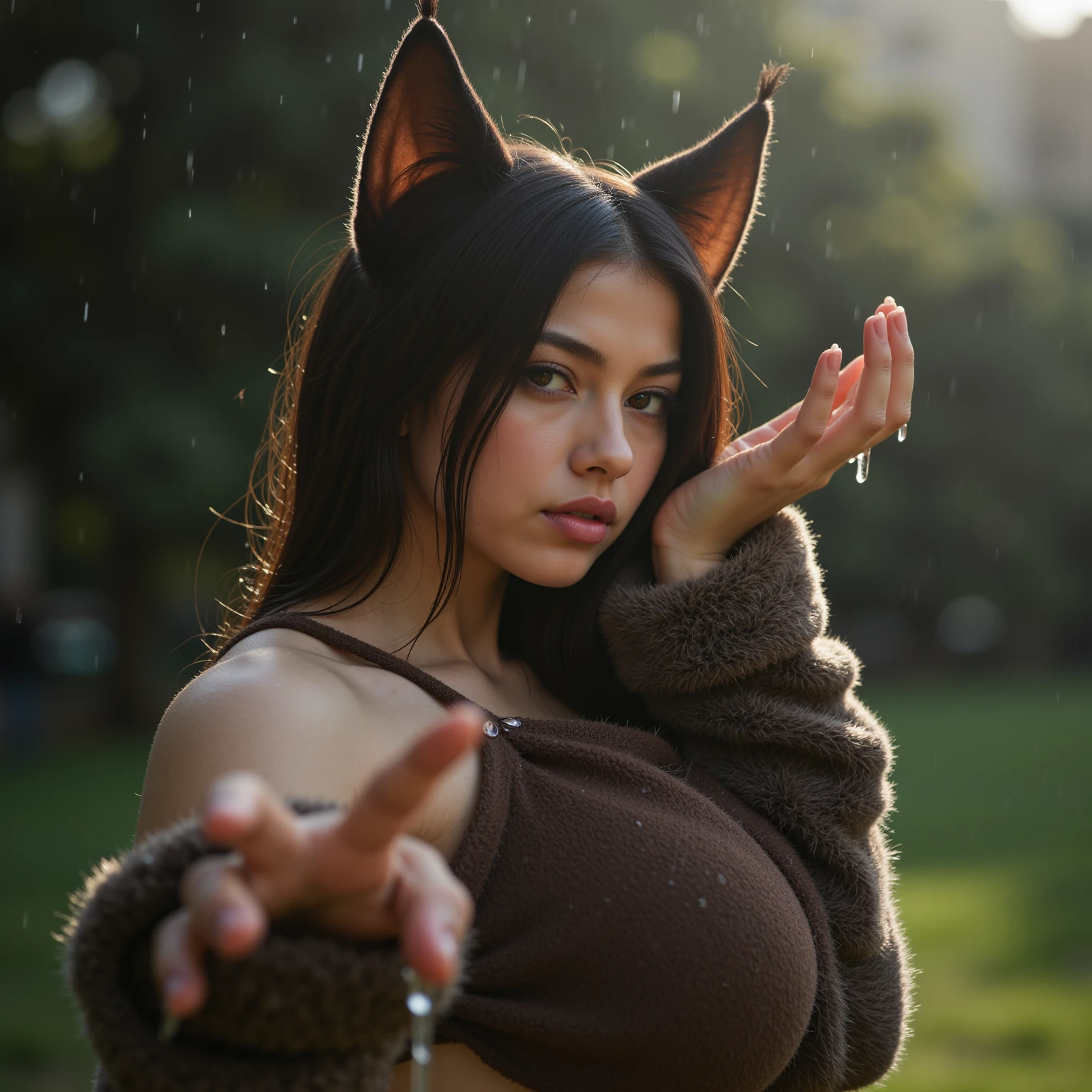 woman. deer ears. short curly hair. green eyes. light brown skin,torn clothes,exposed chest