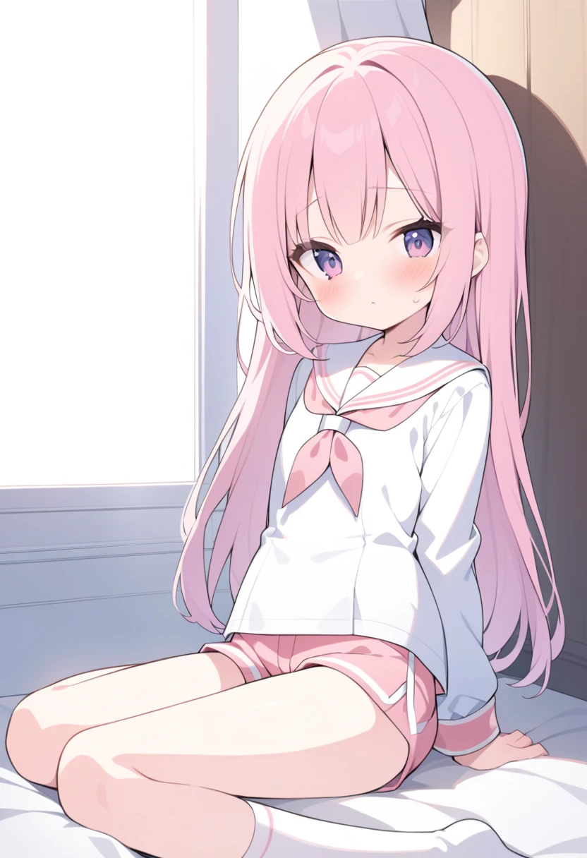Beautiful illustrations, highest quality, (12-year-old girl:1.4)、(pretty girl：1.5)、、、Flat Chest、Sailor collar、(White long tunic)、Long sleeve sailor suit、Blue-line cuffs、(Pink Chino Shorts：1.7)、(Pink shorts with wide openings：1.8)、Gap between thighs and shorts、Thin thighs、White socks、 Cinema Lighting, (Pink Long Hair)、Pink Straight Hair、Redness on the cheeks、(Braiding of the back of the head)
