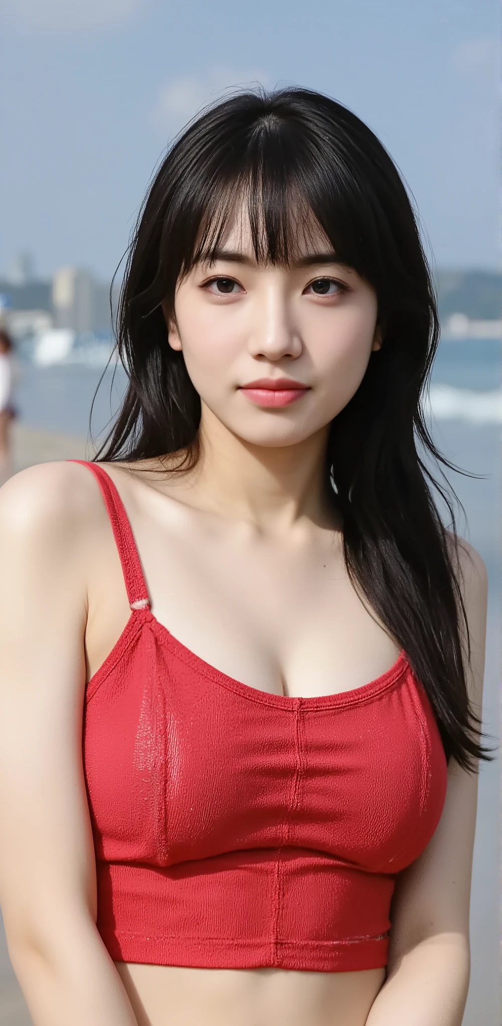 ((((look at the upper body of a woman with ridiculously huge breasts)))),beautiful black hair,Long hair,((髪型はstraight hair)),(straight hair),realistic person images after the battle,Realism,Vostroid,Mastepiece,Highest Quality,Highest image quality,highest resolution,Fine Details,beautiful precise face,black eyes,realistic skin,( Exact Upper Body),Realismのある肌,(Smile Yan),(((twin tail hairstyle with braids))),((((Wear a polka dot twist bandeau  on the upper body)))),(((((wear a polka dot twist bandeau  on your upper body))))),(((showing off extremely huge breasts))),((((show her wearing a twisted bandeau  on her upper body)))),((((Upper body up close)))),((((A middle-aged man with no hair)))),((((On the sandy beach at the seaside)))),