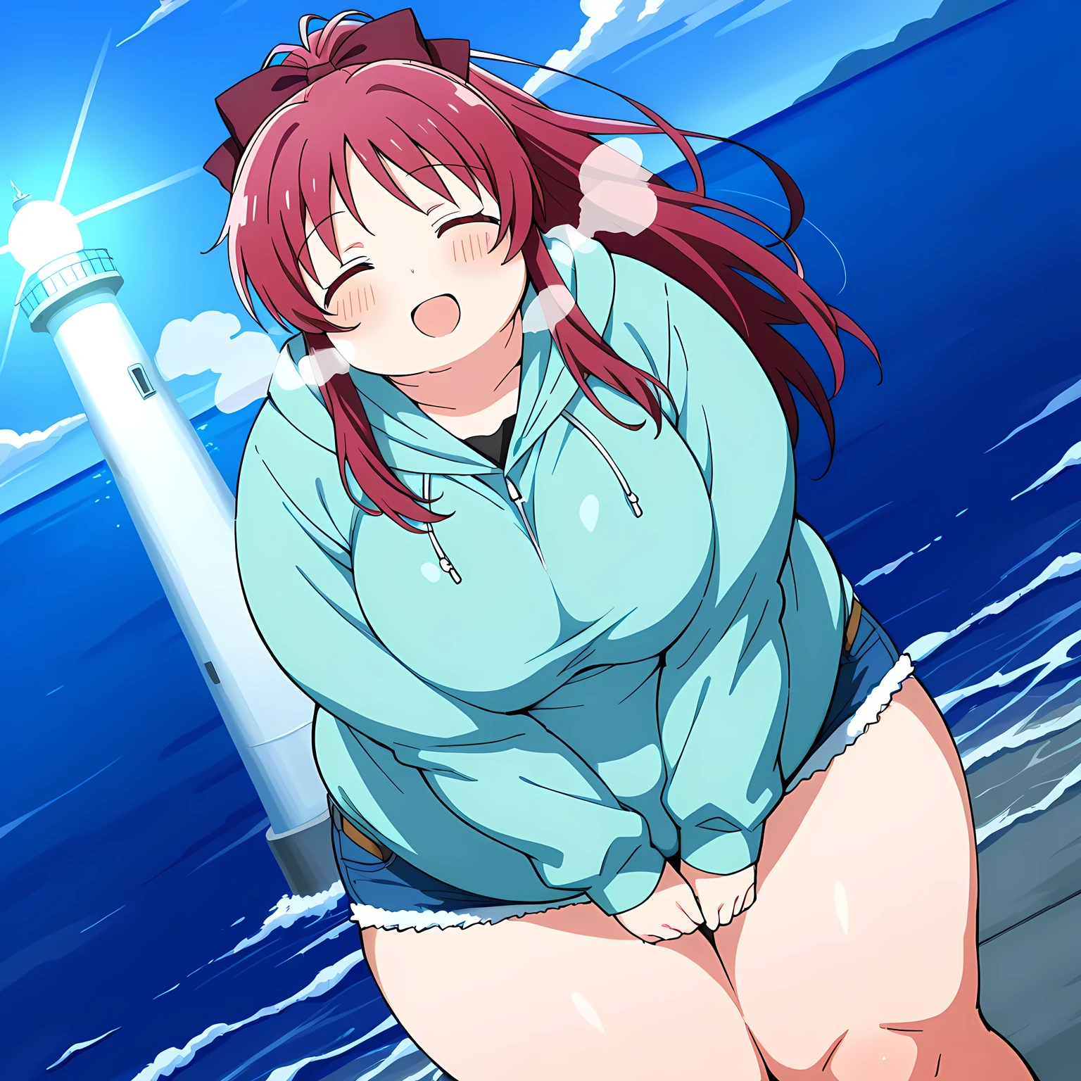 score_9, score_8_up, score_7_up, source_anime, kyouko sakura, long hair, red eyes, ponytail, hair bow, red hair,, shorts, hood, hoodie, denim, blue shorts, denim shorts,, lighthouse, light, sea, tall, guidance, smile, v arms, blush, open mouth, leaning forward,, looking at viewer, solo,, dutch angle, cowboy shot fat, chubby, obese, gigantic arms and legs, large breasts open mouth, out of breath, closed eyes