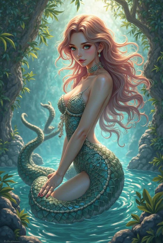 Mermaid with pink hair and reddish pink tail in water, , sereia bonita, sereia,, fey queen of the summer forest, Artgerm extremamente detalhado, por Yang J, nymph in the water, arte de fantasi, Fantasy Illustration ,Retrato da Sereia