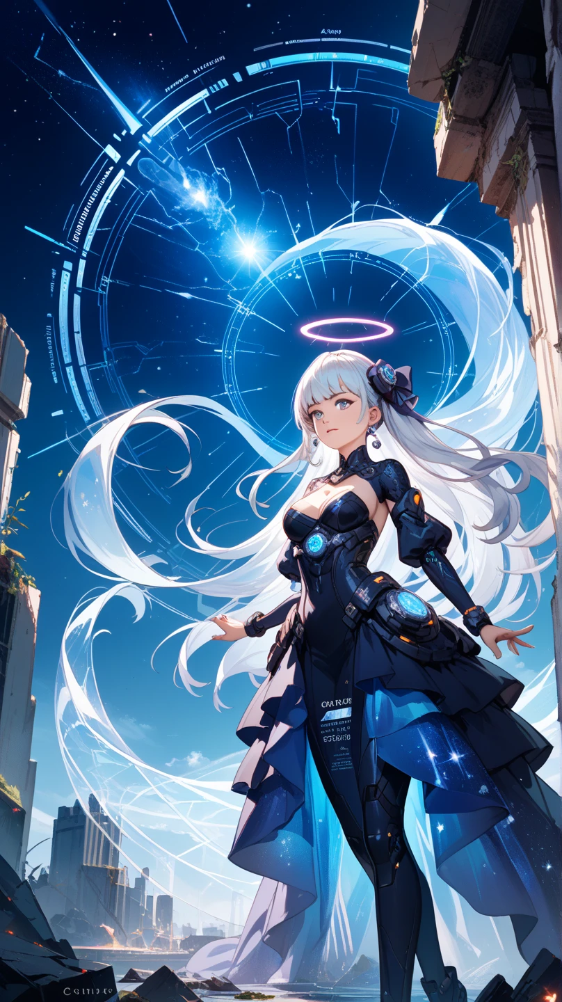Anime girl with long hair and white dress posing on blue background, Twin-tailed, twintails white_gloves, high detailed official artwork, official artwork, overdetailed art, cushart krenz key art feminine, Official art, anime goddess, Ecchi anime style, symmetry!! Concept art, zerochan art, oppai, biomechanical oppai