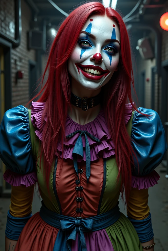 The clown must have big, red eyes, shining with an intensity that seems to penetrate the soul. Your smile must be wide, distorted and sinister, with visible sharp teeth. Makeup must be heavy, with the face painted white, large black circles around the eyes to bring out the red, and a dark red painted smile that extends beyond the natural limits of the mouth. Your hair should be tousled and vibrantly colored., like dark green and purple, adding to its terrifying appearance.