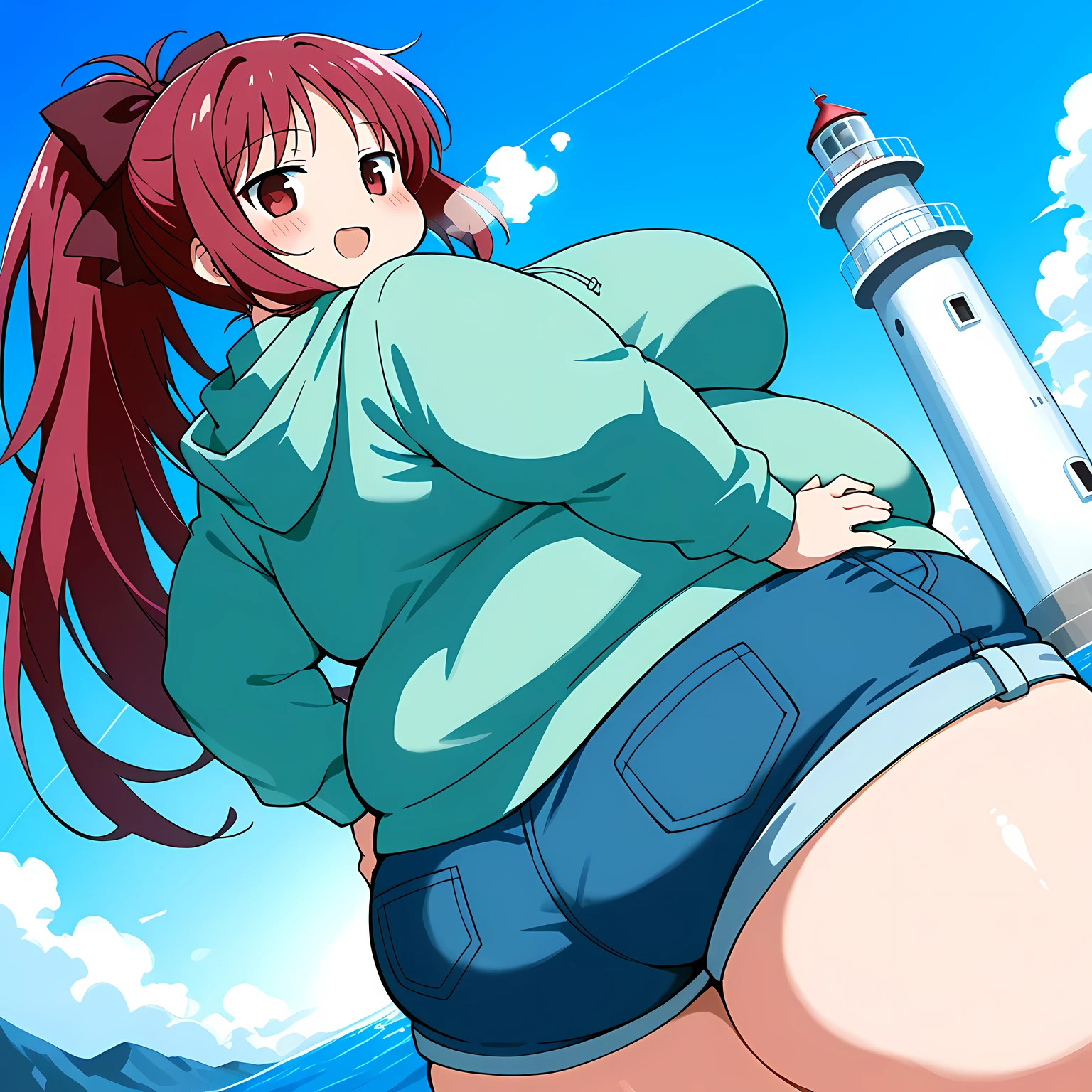 score_9, score_8_up, score_7_up, source_anime, kyouko sakura, long hair, red eyes, ponytail, hair bow, red hair,, shorts, hood, hoodie, denim, blue shorts, denim shorts,, lighthouse, light, sea, tall, guidance, smile, , blush, open mouth, leaning backward,, looking at viewer, solo,, dutch angle, cowboy shot fat, chubby, obese, gigantic arms and legs, large breasts open mouth, out of breath, from behind, hands on hips, looking back at viewer