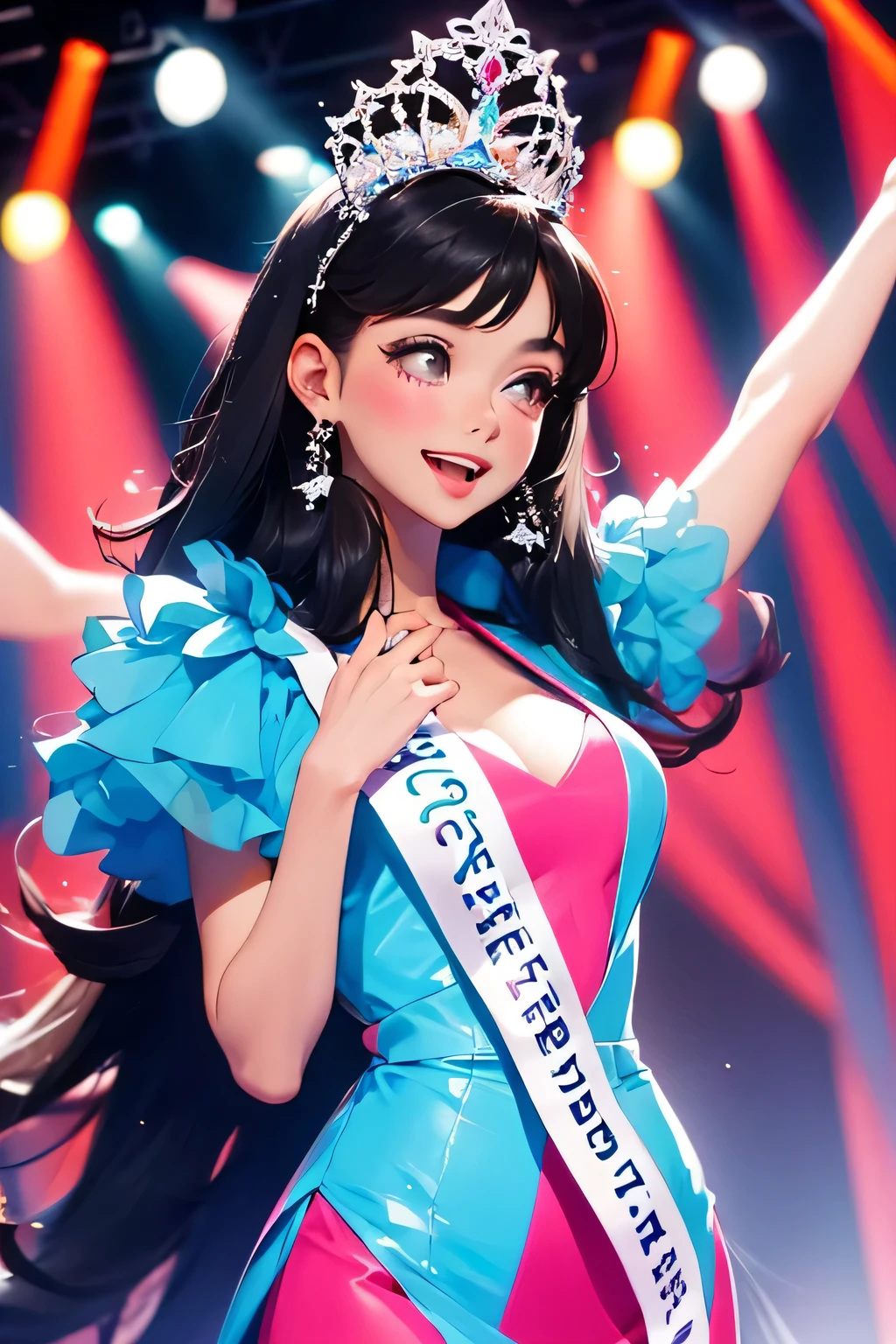 a busty woman. celebrating Argentina national day obelisk in the background, intricate and detailed portrait, highly realistic, cinematic lighting, vivid colors, 8k, HDR, photorealistic, dramatic pose, elegant dress, waving Argentine flag, patriotic expression, warm golden tones, soft depth field,