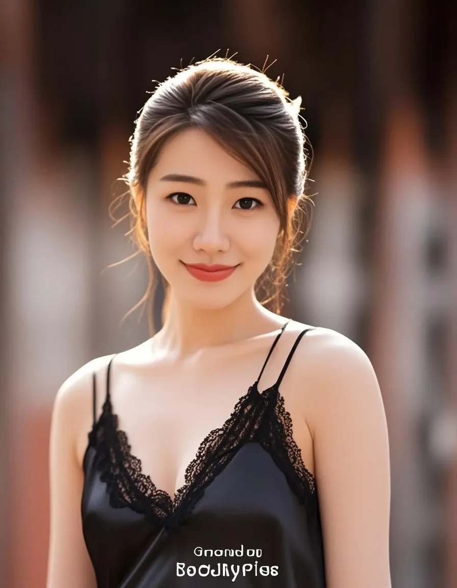 messy bun, outdoor, happy, black skirt, hot girl, (((small bust))), brunette hair, looks into the camera, symmetrical face, photorealistic, photography, spectacular lighting,, gorgeous, cleavage, western, (masterpice), best quality, high resolution, extremely detailed, skin with pores, blurred background, depth of field, cinematic lighting, ASIAN