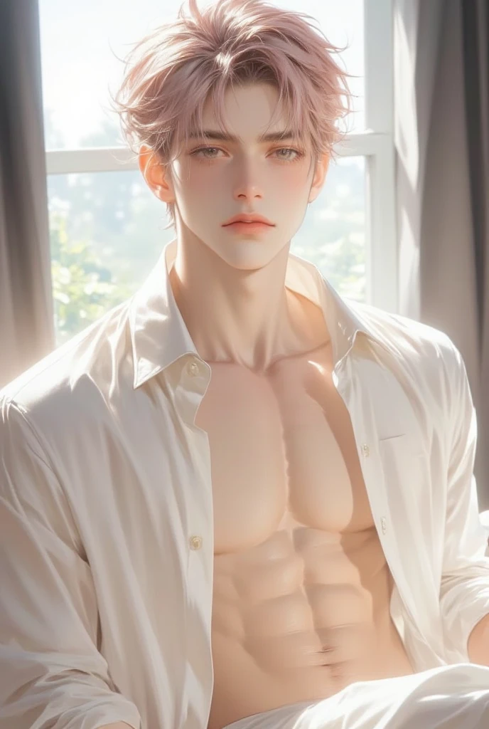 Japanese male model, adult, handsome, perfect face, detailed eyes and face, clean shaved, sixpack realistic, white eyebrow hair, white eyelashes, dynamic lighting, unreal engine 5, hd picture, satoru gojo, white hair, short hair ,hair between eyes ,blue eyes, white skin, Short jeans