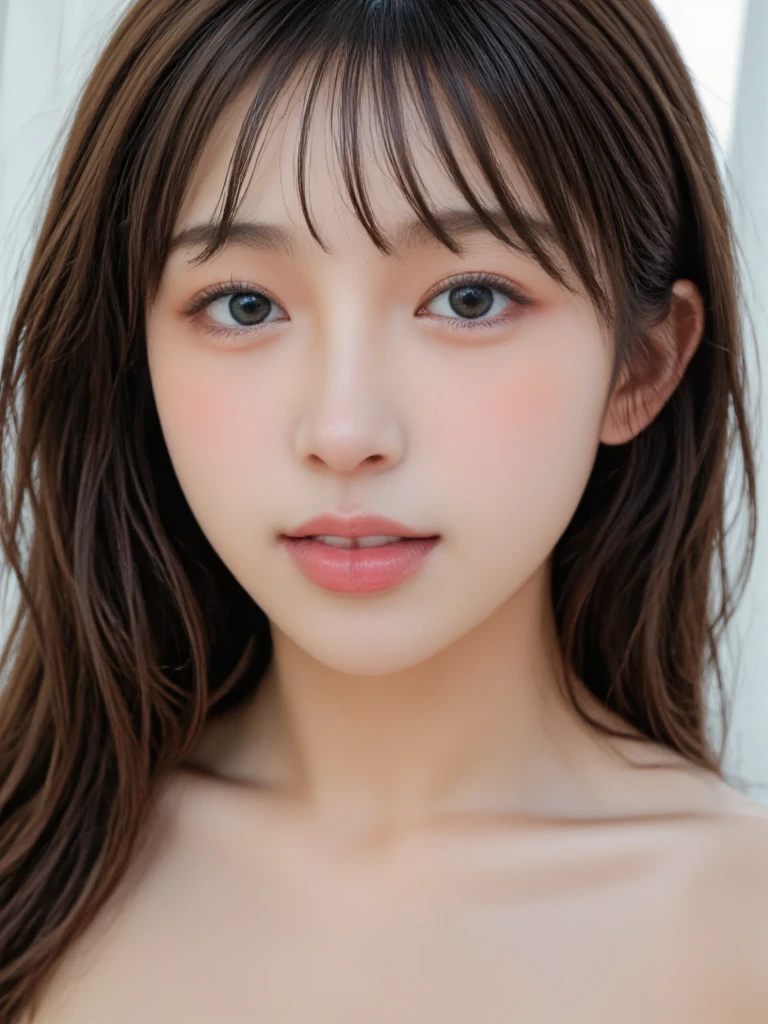 (1 girl)), ((best quality)), (Super detailed), (Highly detailed CG unified 8k wallpaper), extremely detailed, High definition raw color photo, professional photography, ((Beautiful small breasts)), Peanut butter brown hair, wonderful face and eyes, pink eyes, (amazingly beautiful girl), School, Nude、((pubic hair))、