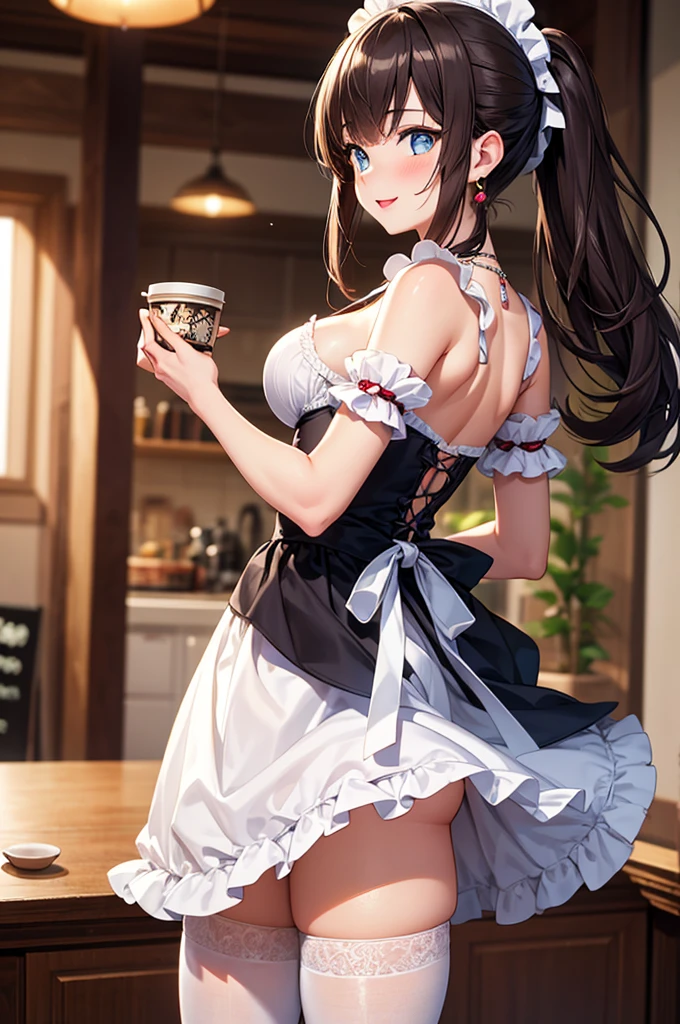 (masterpiece, Highest quality), (Ultra-high resolution, 8k RAW photos, Photorealistic:1.5, Fabric Shading, Thin contours), Beautiful mature woman preparing a tea party in the garden, (Tea set, you can, Tea cup, Some cakes on a plate), Gothic Table, (伝統的なダークブラウンのMaid clothesを着用, Maid clothes:1.2, Long Flared Skirt, apron), tall and leggy, Long white hair, Wearing borderless grass, (Mature Woman:1.5, 37 years old, alone), ( Tight waist), (Long white hair, Hair on one eye, Updo, Side Lock, Asymmetrical Hair, Wavy Hair), (Bright Eyes, Fine grain, A face with attention to detail, perfect face shape, Bloodshot eyes), (A seductive smile, Half-close your eyes), (Looking at the audience:1.3), (Dynamic Angle, Thigh focus, From side to bottom:1.2), ((Correct Anatomy:1.5, The right move)), (Ideal body proportions), Outdoor, Glass Garden, ((Garter Stockings))((black thong))