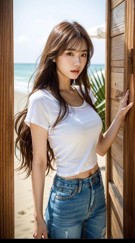 Sexy big 、Sexy cute looks and cute 15 year old beautiful girl, Beautiful and sexy face、A strong wind blows my hair in front of my face、With straight blonde hair、Beautiful, cute and sexy eyes hidden behind long bangs、Rough summer clothes