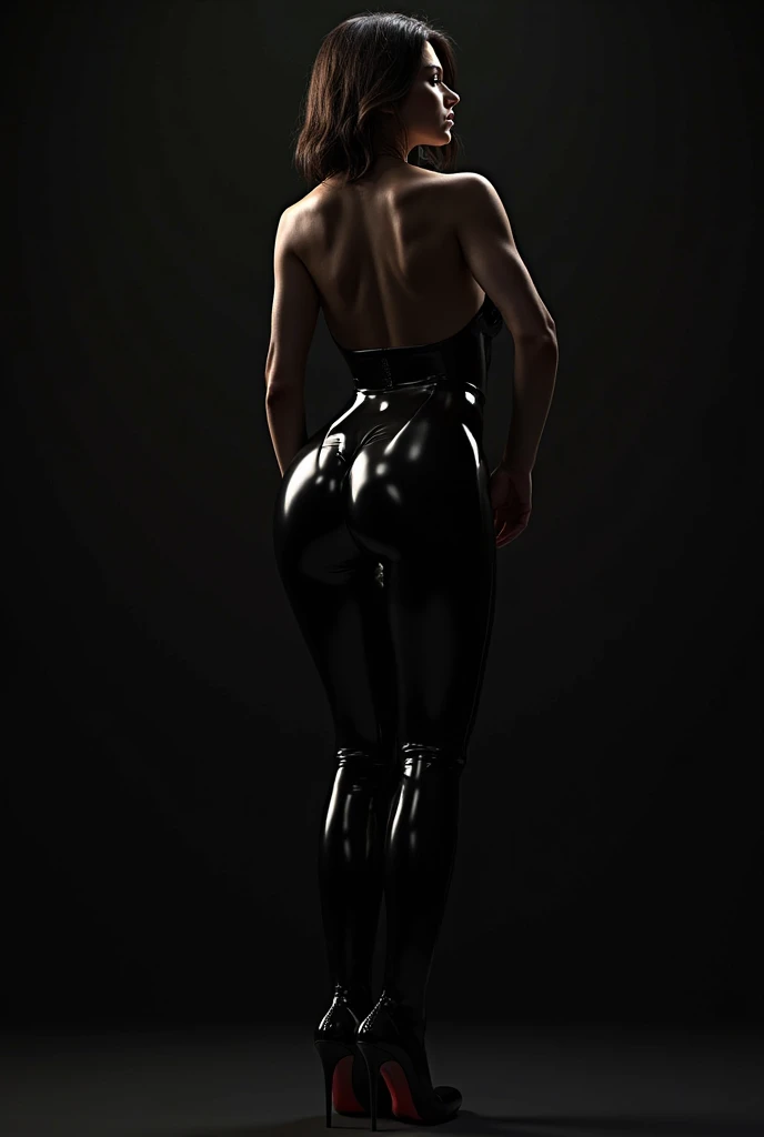a woman in a Black Swimsuit with a choke around her neck, Black Swimsuit, black Bodysuits, Rear view, skintight black Bodysuits, Rear view, Back view, Bodysuits, thin Bodysuits, wearing a black Bodysuits, Backwards, Back view also, ハイレベルBodysuits, Shapely butt, Back view. Nuri Yem