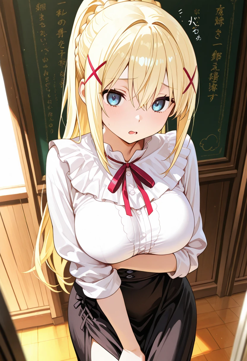 masterpiece, best quality, finely detailed, 1girl, (blonde), giant, embarrassed (bishoujo), cute, (red eyes), (eyelashes), (huge breasts), (neckline), (white shirt: 1.2), (open shirt), standing, on the side of a building, day, delicate interior design,