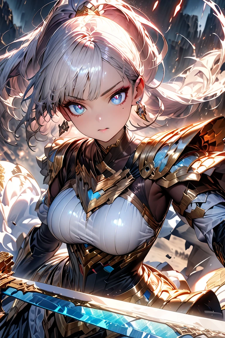 female valkyre prepared for battle, nordic look, viking, an extremally beautiful warrior valkyre, ultra feminine, long hair, light brown hair, braided hair, shiny golden knight armor, bright full plate armor, long boots, cleavage, medium breasts, angel wings, wielding sword, brave and bold facial expression, flying high in the sky, wings spread, zoom out, 16k, RAW, ultra wide shot, photorealism, depth of field, hyper realistic. ray tracing