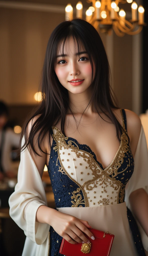 ((best quality)), ((masterpiece)), (detailed), Perfect face A beautiful Japanese woman with a bright expression is seen wearing a gorgeous swimsuit.。Her swimsuit is mainly black.、It features a detailed python print and jeweled embellishments.、It's a very sophisticated design。Her hair is long and silvery blue.、Her large eyes and perfectly made-up face are highlighted.。
Image ratio is vertical 16,The photo is of a full-body figure, 9 cm wide, with a wooden interior visible in the background.、Perhaps it's part of a luxury yacht or clubhouse.。The light is soft、It creates a natural atmosphere、At the same time, her pose and facial expression exude confidence and charm.。
She is smiling at the camera as if she is looking at her lover.