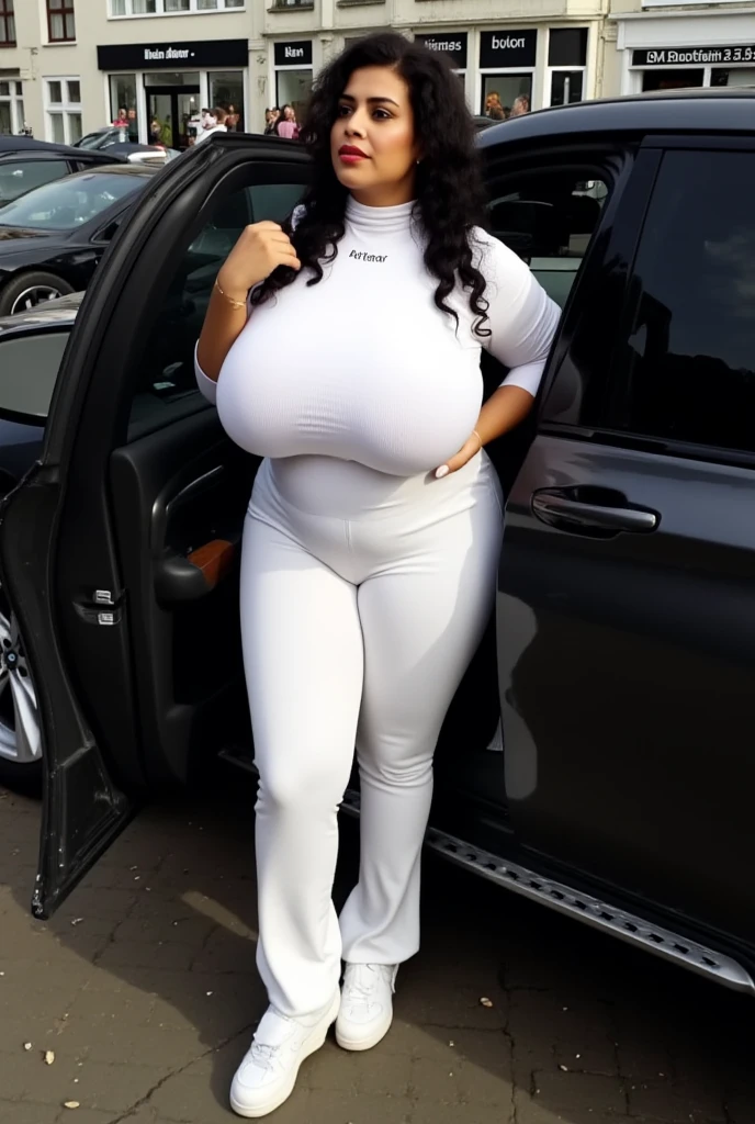 a Romanian widow, (((she is a whore), (she is 49 years old, she has an intimidating elongated and thick towering body), (she is plump), (she has huge widened and thick thighs), (she has very thick and elongated heavy and prominent wide breasts), (she has very long legs), (she has a huge fat wide heavy thick completely round ass), (she has large wide hips), (she has a narrow waist) , (she has a very curvaceous figure), (she is very tall), (she has elongated body proportions with quite a bit of space between them), (she has long, wavy black hair with highlights and fringed ends, she has a little of abdominal fat of age))), (((she wears white leggings that mark and adjust her butt, a provocatively low-cut and revealing tank top that marks and bulges her breasts, open-toed heels without loops on the ankles))), (((she is on the street posing like a horny little slut, full body, seen from the side, in a Japanese neighborhood in the afternoon))), (((intricate details, hyper detailed, intricate hyper detailed face, intricate hyper body detailed, intricate hyper detailed facial features, intricate hyper detailed body features, 8k, hdr, masterpiece, hyperrealistic)))