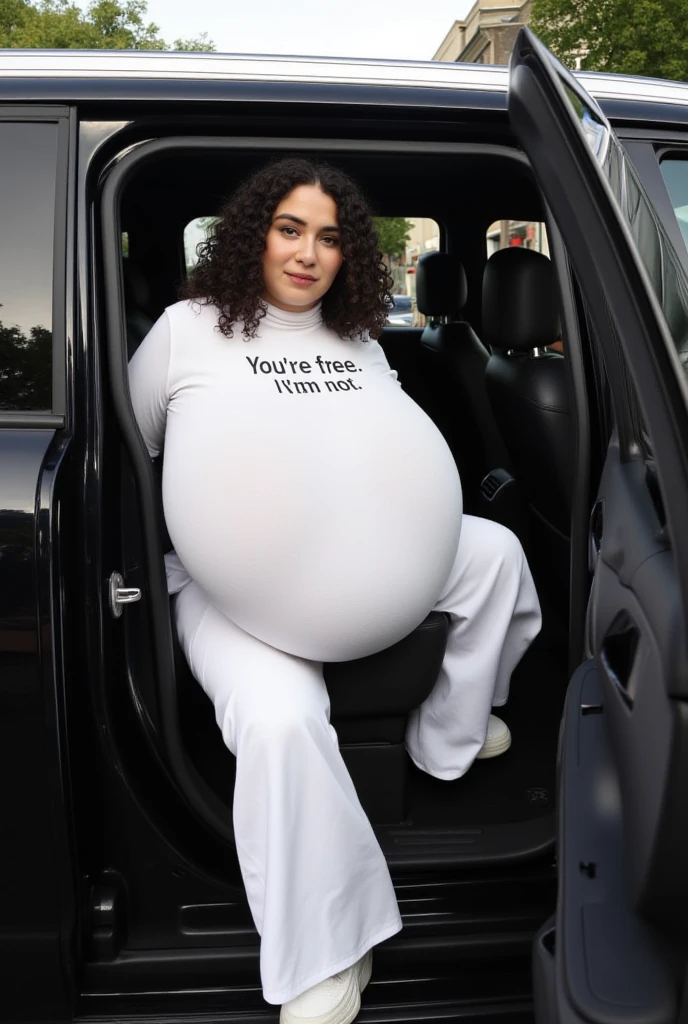 (photorealistic),(masterpiece),(ultra-detailed),a very pretty and sexy 20 year old girl holding more than liters of pee, sitting in a car seat ,wearing crop bubble jacket and tight black jeans, hands jammed between thighs, legs crossed tightly, lower abdomen part of the tight black jeans bulging from full bladder as big sphere as if she was fully nine months pregnant with ten kids but smooth rounded ,enduring extreme urge to pee,eyes slightly closed,pee about to come out,sweating,wearing skin tight black jeans,pee about to burst out