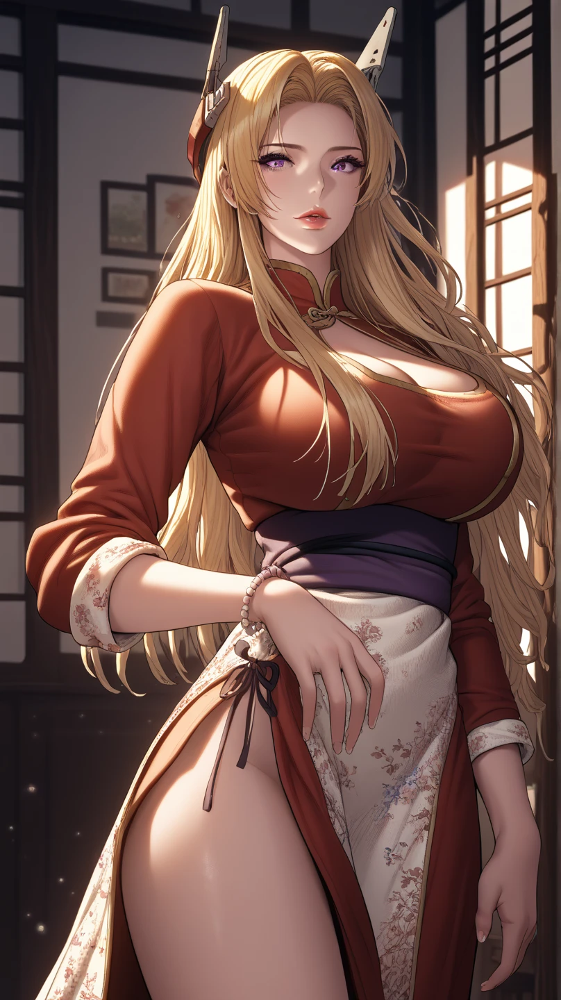 {{{Zombies 100, Beatrix Amerhauser:1.8}}}, 8k, Best Quality, Super detailed, It is high resolution., Highly detailed CG, Clear, Best aesthetic, Great shading, (Photorealistic:1.3), High contrast, Ultra-thin illustration, Shrinkage rate, Beautiful detailed eyes, Beautiful detailed skin, Realistic skin, Beautiful detailed hand, Beautiful detailed fingers, Beautiful detailed hair, Detailed hair, Beautifully detailed ears, Beautiful Detail Lip, Professional Lighting, Beautiful detailed backgrounds, Very realistic backgrounds, 1 Girl, Solo, Age 25, Beautiful woman, (((Forehead, Very long hair, Ponytail, Blonde))), (bright green eyes), ((Big eyes)), ((Red Kimono)), Lip gloss, Cowboy Shot , (blush), A look of temptation, No bra, hostel, open clothes,