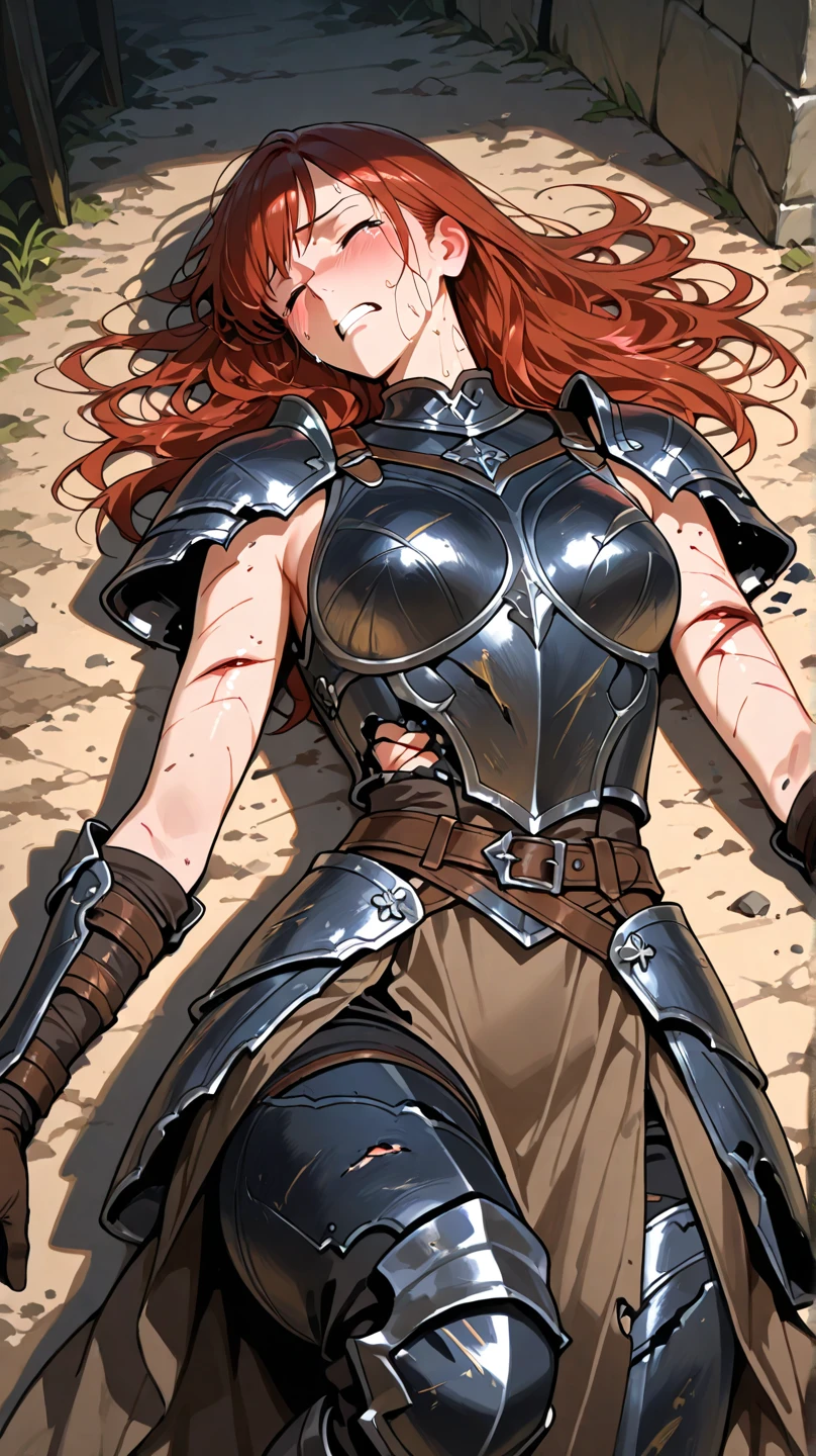 (score_9, score_8_up), score_7_up, score_6_up, Coqueline,(1 girl) ),(beautiful closed detailed eyes), angry face, on open air,beautiful feminine fmgura,sexy (elegant ninja armor),(dirty armor),((chest-fitting armor)),( armor in blood) , One, desert red canyon, orange hair with long braids, dirty hair on the ground,wild hair,iron armour, ( cracked armor,Ragged Armor),breastplate, upper body, day, sky,(Девушка lies на земле), tight ripped brown bodysuit, maximally torn bodysuit, girl's hand on her stomach, Embryo Pose,((very torn brown tight pants, bloody pants, torn pants at the hip,((image of a character crashing on the ground)) ,((lies )),((stuck in the dirt)),((the girl is partially covered with sand and stones)) , (((the tentacles of their caves envelop the girl in mucus) )), ((tentacles tear clothes))