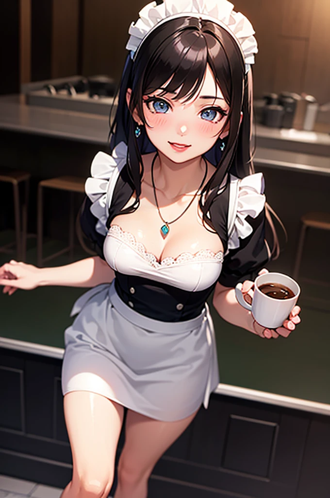 (masterpiece, Best Quality, ultra-detailed, high resolution, extremely detailed CG, official art, Professional Lighting, Perfect Anatomy), (from below), looking at viewer, cowboy shot, perfect body, 24yo beautiful 1girl, delicate beautiful face, Bright magenta eyes, cute eyes, sparkling eyes, (perky chest:1.1), (pointed chest:1.3), medium hips, glamorous body,a small face,beautiful-makeup,Makeup light,Shortcut Hair,dark brown hair, Amazing Cleavage:1.2,Raised sexy, small breast: 1.2 ,posed cleavage:1.2, bare legs, nail_polish, Waiting friend, (at morning:1.5), tokyo, (convenience store:1.3), outdoor, (depth of field:1.3), contrapposto, (Hold a coffee in your hand:1.3), looking at viewer,(double breasted:1.1,under bust:1.2), gap between buttons,(((Extremely short mini skirt,))) seductive weak smiling,(with sparkling eyes and a contagious smile),open mouth, Looking at Viewer,
