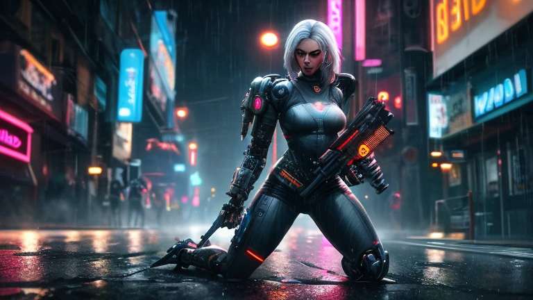 (nsfw:1.5), (neon:1.4), assault rifle, building, city, city lights, cityscape, debris, giant, gun, holding gun, holding weapon, rain, realistic, rifle, ruins, science fiction, skyscraper, snow, snowing, water, weapon,