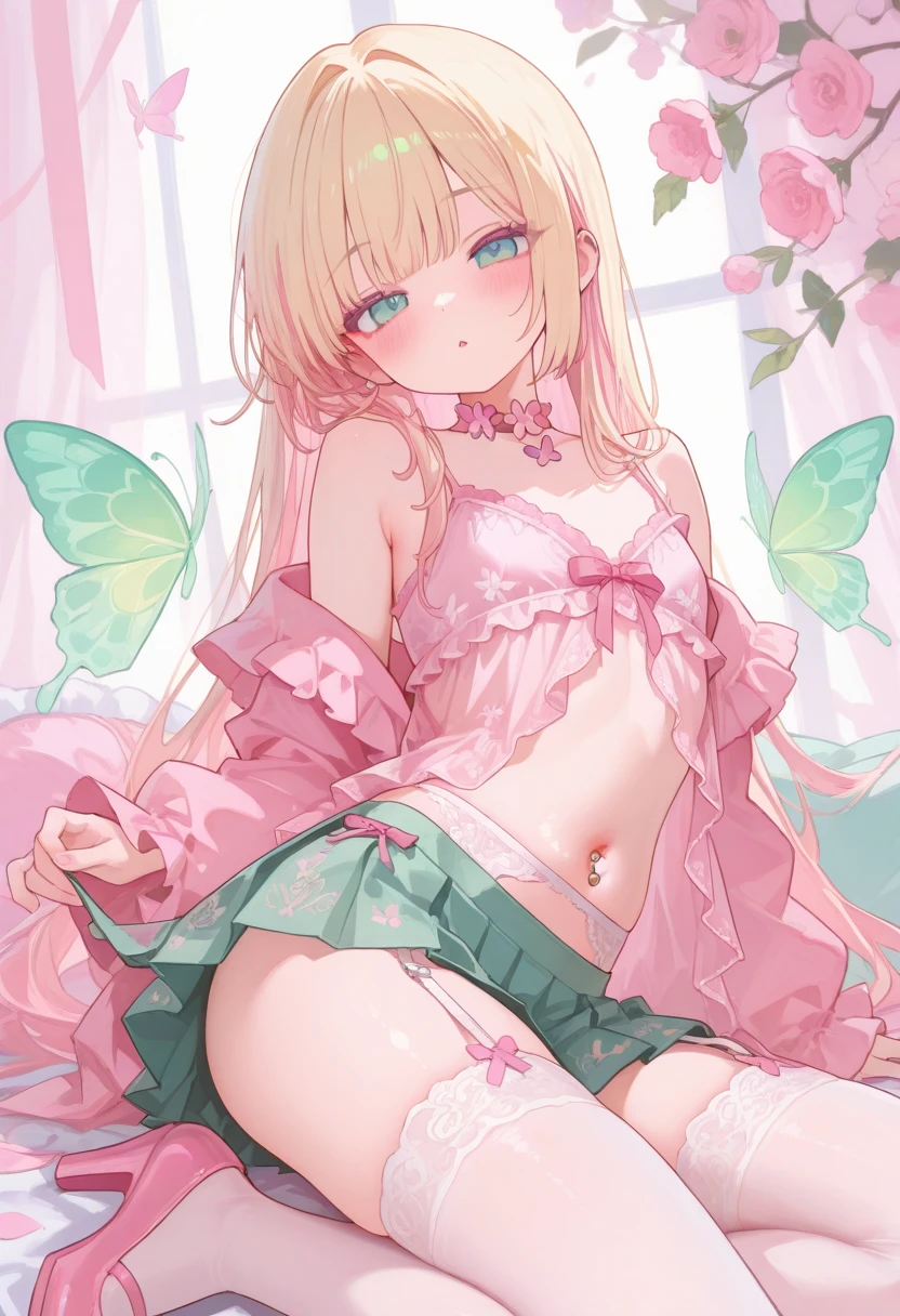 (absurdres, highres, ultra detailed), 1girl, mature female, wavy blonde hair, long hair, blunt bangs, green eyes, pink dress, finely detailed eyes and detailed face, extremely detailed CG unity 8k wallpaper, intricate details, BREAK , kaleidoscopic imagery, symmetrical patterns, vibrant colors, geometric shapes, mesmerizing designs, optical illusions, dynamic composition BREAK , pantomime art, expressive body language, silent storytelling, evocative gestures, visual narratives, theatrical performances BREAK , blooming flowers, colorful petals, fragrant scents, nature's bounty, vibrant gardens, peaceful scenery, (blow job, lick penis, show pussy , spread pussy, wide open pussy, spread leg , up leg, ))