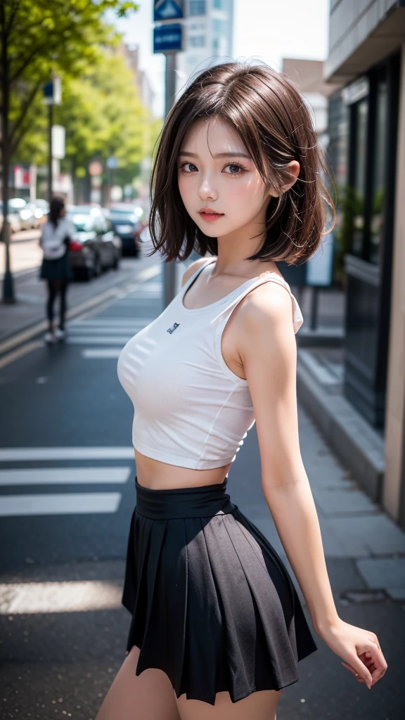 Cute lady , Short Cut , black workout shorts , wet white T-shirt , Frontal POV , A faint smile , ​masterpiece , realisitic: