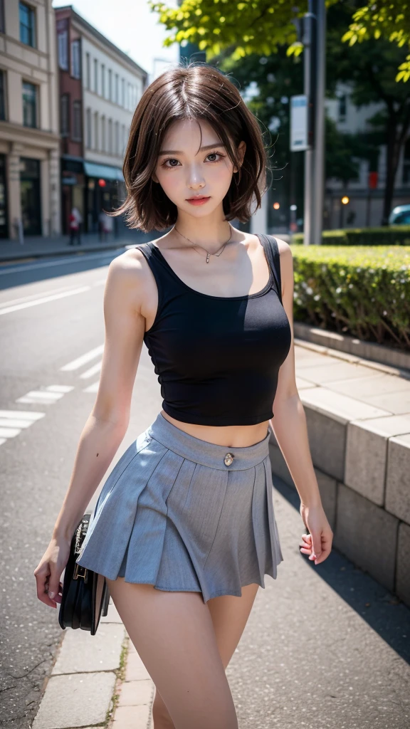 (8k、RAW photo、highest quality,、masterpiece:1.2)、character focus、perfect cute girl、cute、(Sexy DVD:1.2)、(idol image video:1.2)、(beautiful breastedium breasts:1.3)、(white crop top、black mini skirt、white knee high socks:1.3)、underboob、(cleavage)、(short bob:1.2)、Transparent skin、High transparency、(slender and beautiful girl)、(shiny)、(embarrassing)、(best quality、super detail:1.3)、obscene、erotic、Bokeh、full body shot、beautiful thighs、Beautiful little ass、