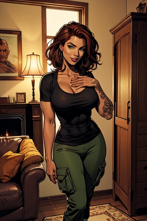 Gorgeous and sultry busty athletic (thin) brunette with sharp facial features and a (large nose) and (huge boobs) wearing a light grey pullover sweater and (black leggings), cowl neck, pink hairband, living room