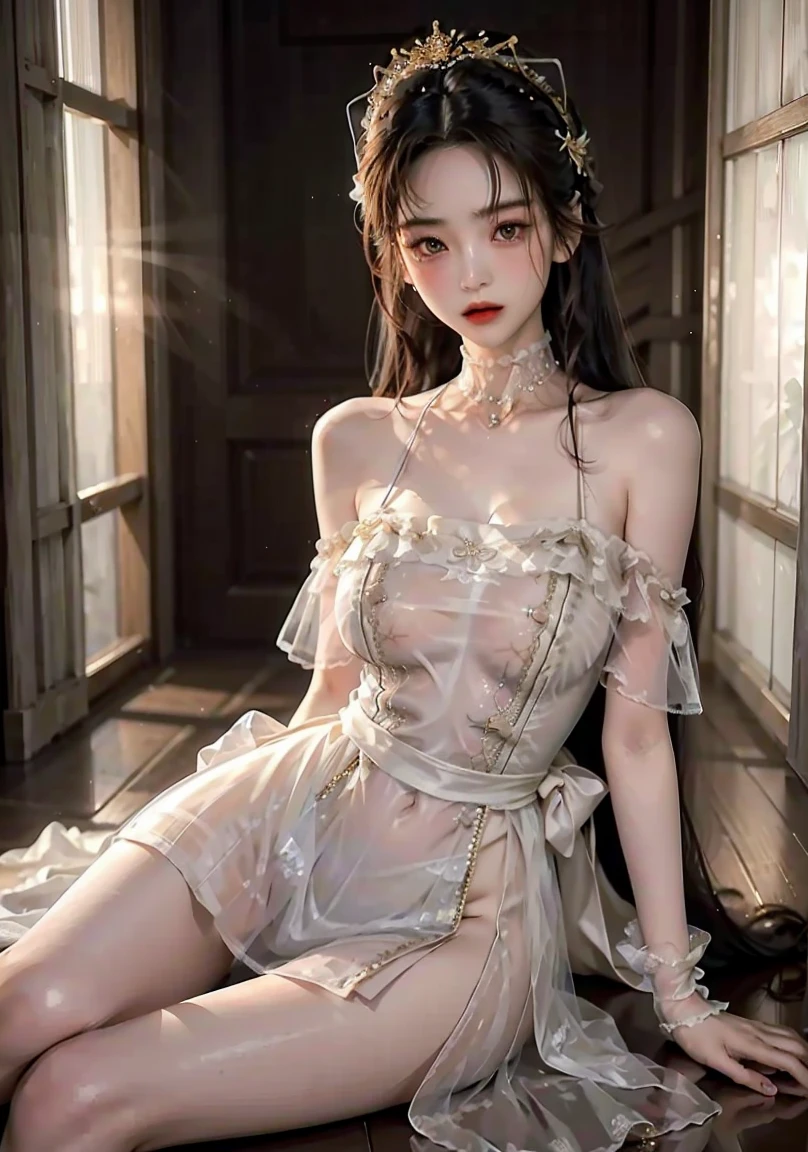 (tmasterpiece, Best quality at best), ((1 Sister, Alone, Long gray hair)), ishmael_limbus, An innocent expression, arma, bshoulder, rapeseed, Eaucolor, sun skirt, liquid clothes, Eau, 汹涌的The large海, Eau dress, blue_The subject, natta, thin fog, Dark, Focus sharp, The large, White transparent dress, orange color hair