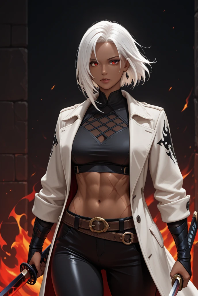 (masterpiece, best quality:1.2), expressive eyes, perfect face, highres, 1girl, solo, (female:1.5), kdash, necklace, black leather jacket, open jacket, leather pants, white hair, red glove, black gloves, fighting stance, frown, black background, particle, yellow glows, fire, standing, cowboy shot, looking at the viewer