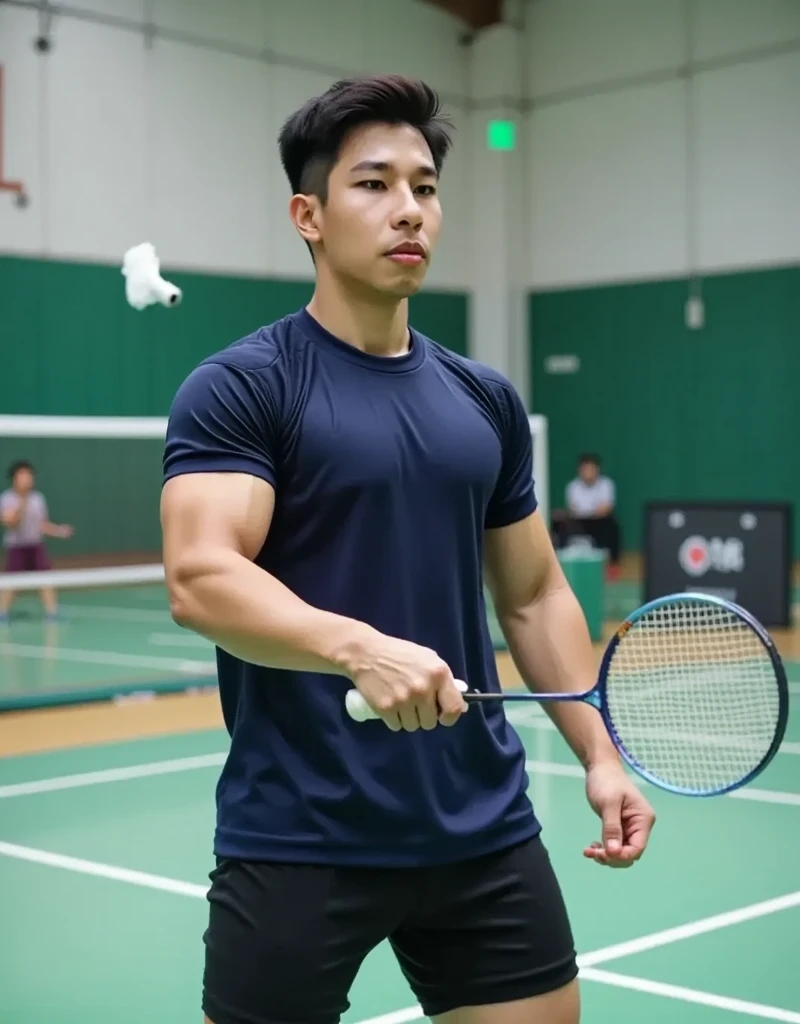 Close up picture of a young muscular Asian badminton player man ,wearing only shorts , shirtless, standing and looking into the camera with a serious expression on his face, holding a badminton racket, badminton shuttlecock, in a badminton court background,Masterpiece,8K