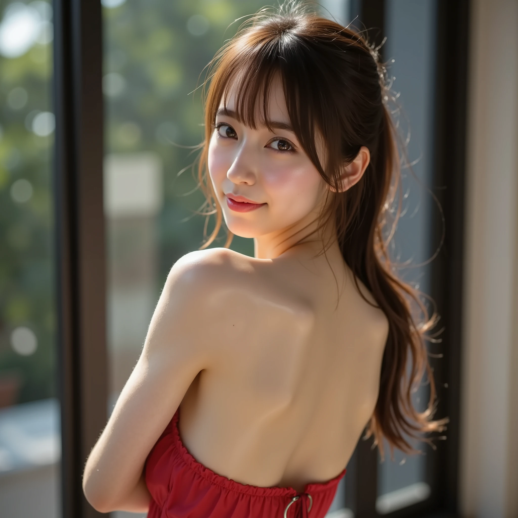 (masterpiece:1.20), (Ultra High Definition、super realistic、Ultra High Definition、Ultra Realistic Best Quality Portrait Photos), (Realistic - photo ), high resolution RAW color photo, professional pictures, Natural sunlight, Soft Shadows, (Realistic:1.2), There is only one 23 year old Japanese Top Idol Female, turn your back, looking back:1.6, (High Definition Face and Skin Textures), shiny skin with car, oily skin, Strong gloss), big eyes:1.2, perfect anatomy, Volume Lighting, Attractive Face, (Makeup), Laughing, (stares at viewers), detailed eyes, Beautiful Eyes, double eyelid,(Shining eyes), detailed eyelashes, Flowing Light Brown Hair, (ponytail), hair like dots , Detailed Hair, anatomically accurate neck, Natural Neck, anatomically accurate breasts , big, rich breasts, Saggy Breasts, deep cleavage, bust、Stretched and drooping, narrow waist, big waist, (Big Ass), (big waist), Satin Red Dress,