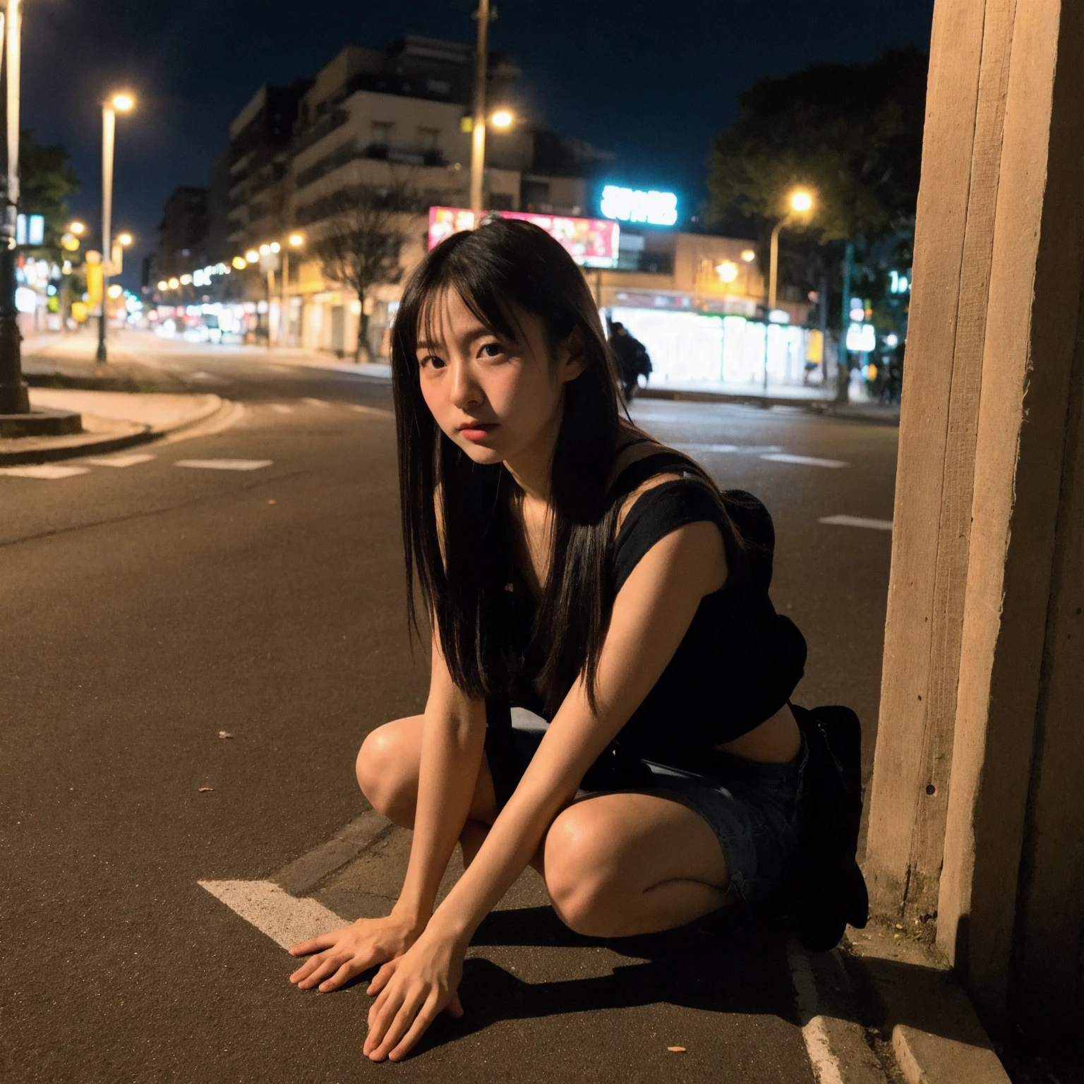 Create a realistic Asian girl sitting with her legs open on a red 1996 Honda Civic car at night.