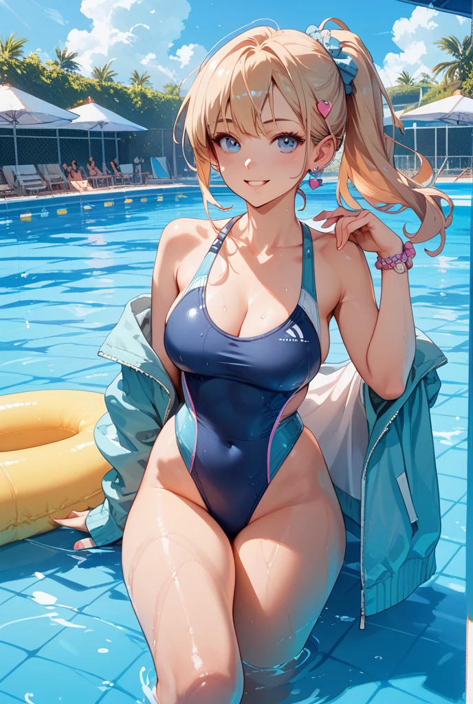 on a beach, is wearing a , wet Competition swimsuit, Swimming suit, In the pool,Competition swimsuit,Pelvic Curtain,thigh ,Curvy beauty,Cover the navel,under, blush, Sweat, jewelry, thick thigh,masterpiece, Beautiful Lights, Detailed beautiful face, Delicate and beautiful eyes, high resolution, Super detailed illustrations, Very delicate and beautiful, top quality,