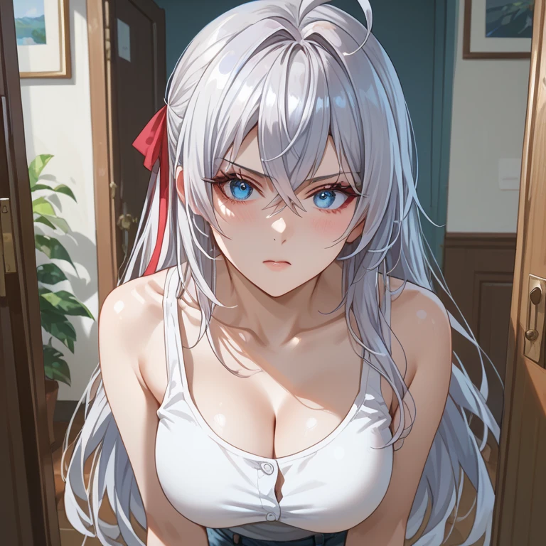 (photorealistic:1.4), (masterpiece, side dim light, finely detailed beautiful eyes: 1.2), masterpiece*portrait, realistic, 3d face, Stelle \(honkai star rail\), 1girl, white oversize T-shirt, bare shoulder, universe, rail, bangs, blush, shy, lustful eyes, medium long hair, looking at viewer, gasp, medium breasts