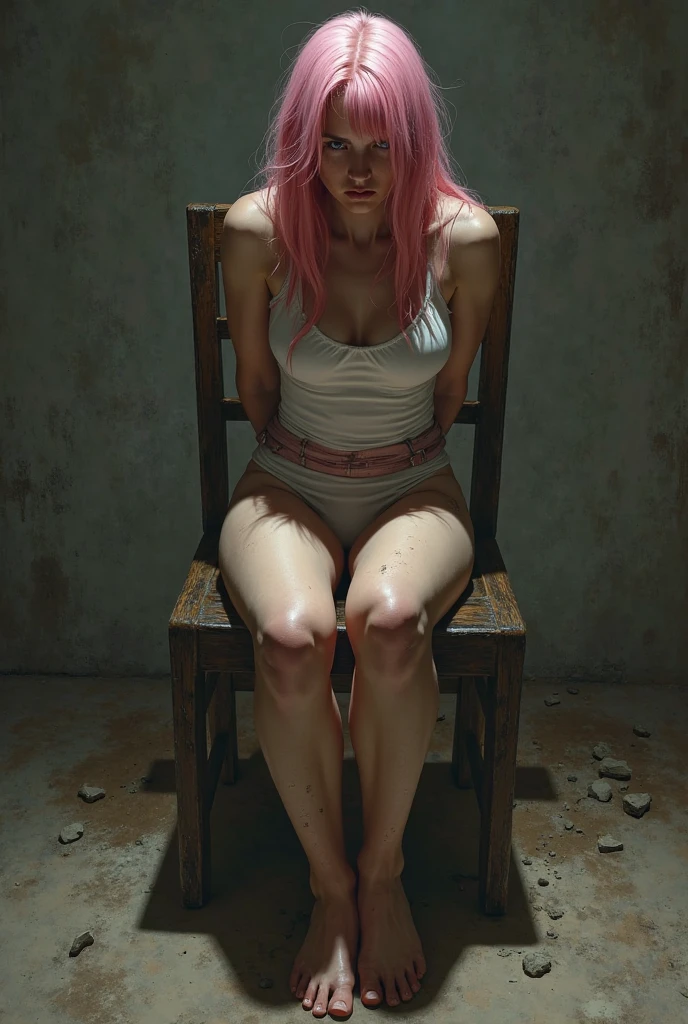 Olivia Wilde with pink hair in a dungeon kneeling on the floor wearing a white bikini looking very sad looking up with a chain around her neck