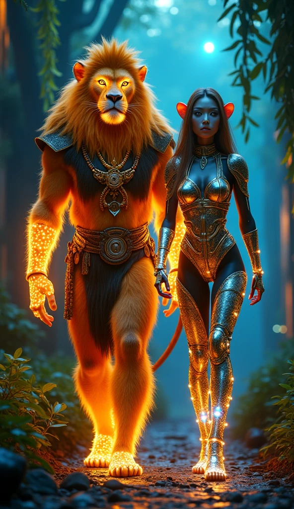 there are two people dressed as animals and lions, a lion cub in the middle of them, beautiful fantasy art portrait, cybernetic dreadlocks, symmetry, photography of three ravers, tribal jewelry, various refinement techniques, steampunk cat, inspired by Kamāl ud- Dīn Behzād, award-winning color photo, Gnosticism, 5 0 0 px templates --auto --s2