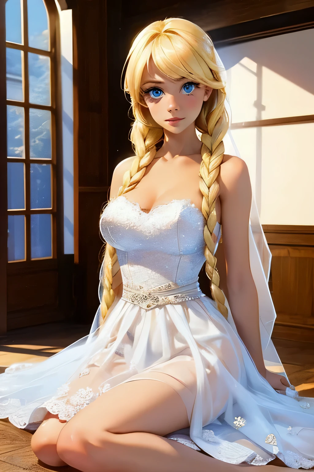 Wedding Photo . beautiful girl . blonde . she is in a wedding dress . She's completely naked . shows pussy . blslavya, blue eyes, blonde hair, twin braids, hair over shoulder,