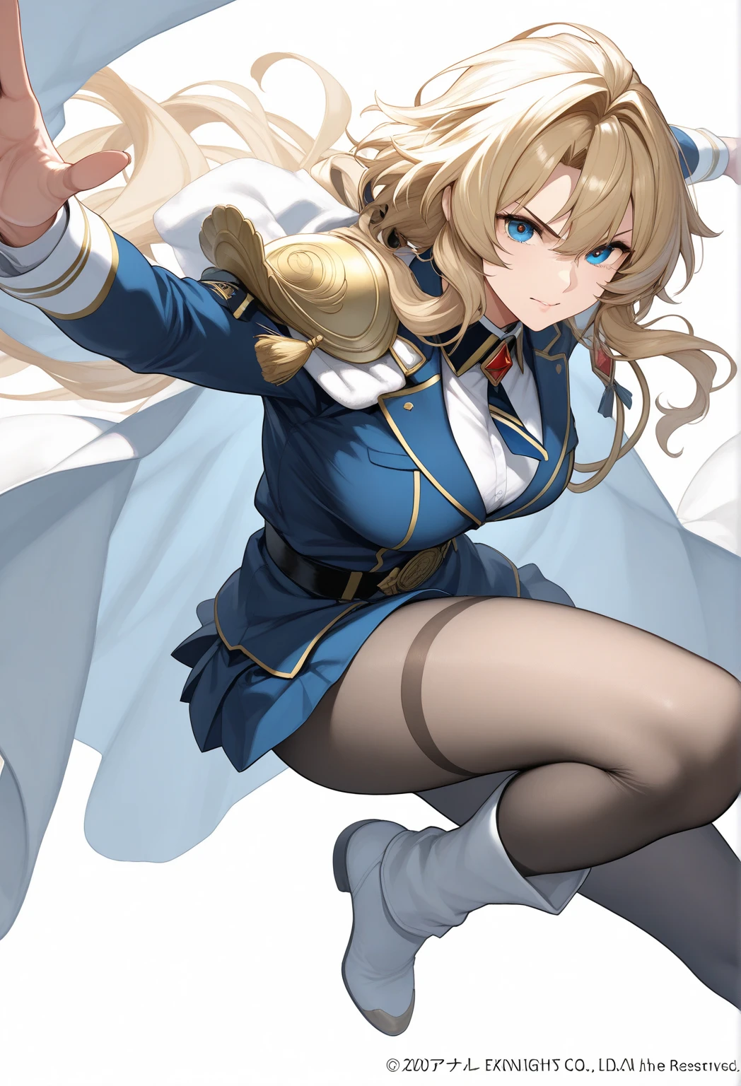 1girll，cabelos preto e longos，Qi bangs，Long ponytail，White bow hairpin，red pupils，beauitful face，crisp breasts，Convex buttocks，White tight military uniform，Gold clasp，White pleated skirt，black lence stockings，White gloves，Japanese katana in hand，There are battleships in the background，perfectly proportioned, Cinematic lighting, filmgrain, Fuji colors, lightand shade contrast, 8K, 巨作, Textured skin, Super detail, high detal, High quality, A high resolution,