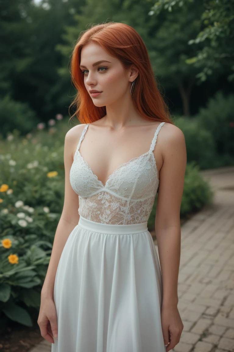 Portrait d'une rousse de 32 ans, Frenchwoman, vue de dos, petites fesses, dressed in a small transparent lace nightie , immersed in a lake, seduction, Sunset light, cinematic rendering, 32K