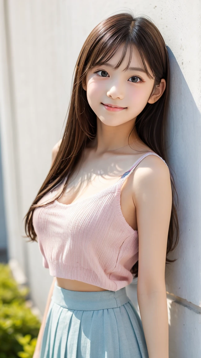(highest quality、8k、32k、masterpiece、Hmph:1.2)、(((Passion pink long straight hair)))、((smile))、(((I'm showing my teeth and smiling,)))、Cute Japanese Women Photos、Soft looking breasts、No bra、Ample breasts、Face Focus、White T-shirt、necklace、One carnation、From above、Looking at the audience、Dynamic Shadows、blonde、Wet shiny hair、Shine, Watery eye、