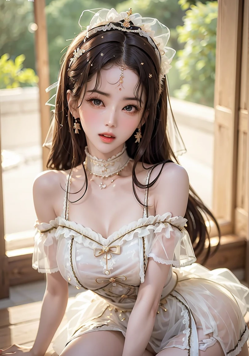 (highest quality, High resolution, masterpiece:1.2,), figure, night, One girl, whole body, (Wedding dress), Put your arms behind your back, Wait for a kiss, View your viewers, Happy, blush,