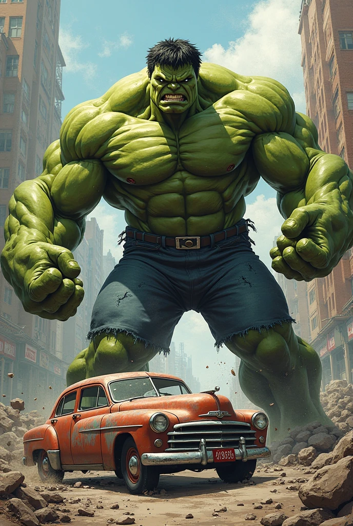Hulk lifting a taxi with SpongeBob in it