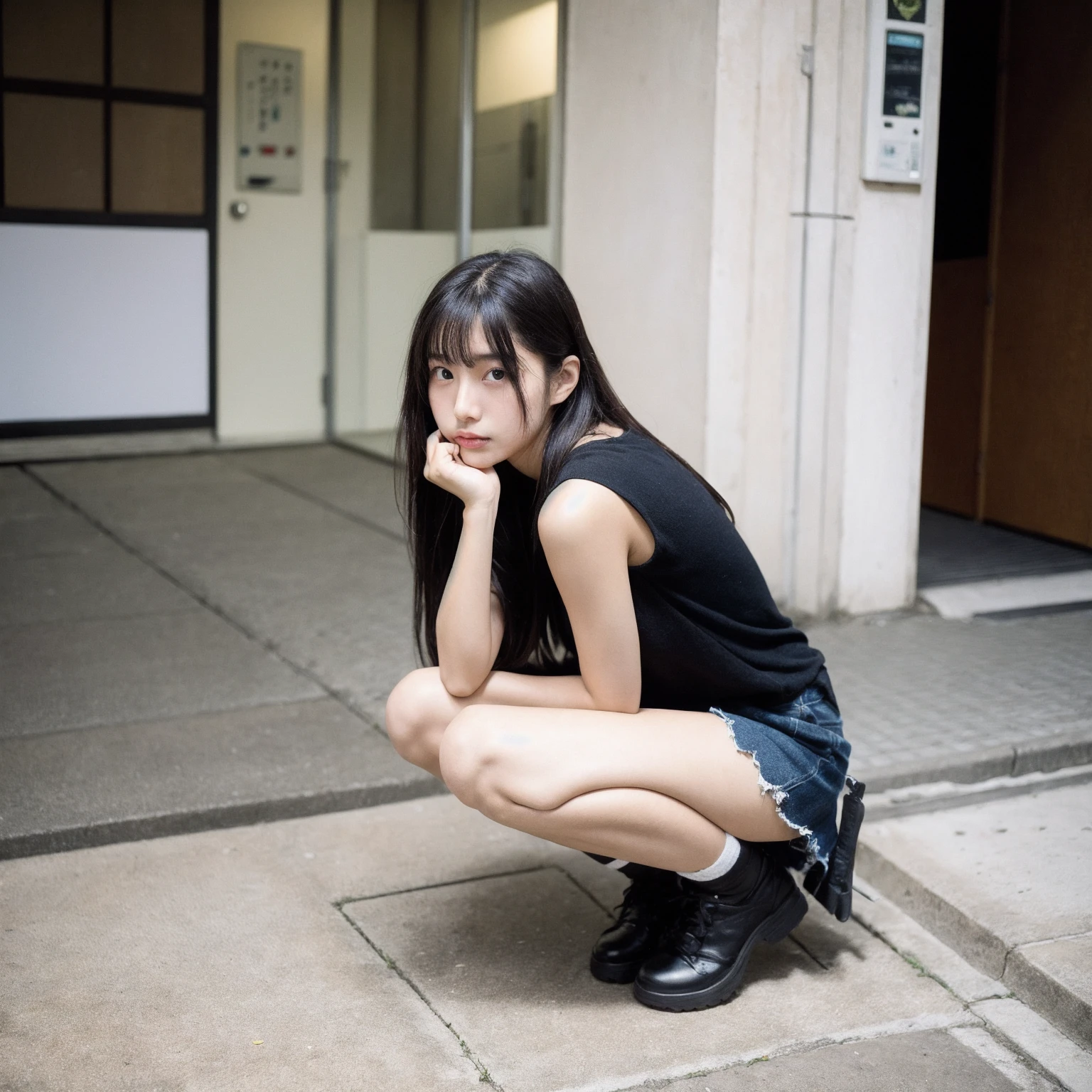Beautiful girl wearing a summer dress、14years、japanes、(heavy wind)、wistfulness、Black hair straight long hair、With bangs、A look of relief、sandal、