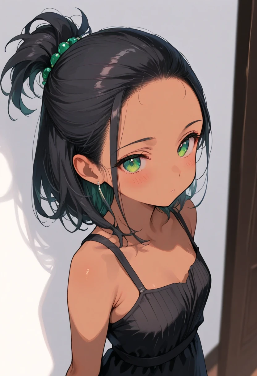 Amazing portrait of a sexy woman with a beautiful face emphasized by amazing makeup and beautifully detailed eyes with perfect lips wearing her black hair in a messy bun blushing intensely as she's flustered and lustful wearing some elegant earrings and a black blouse paired with a sheer dark green saree making her look hot with vibrant colors and soft lighting