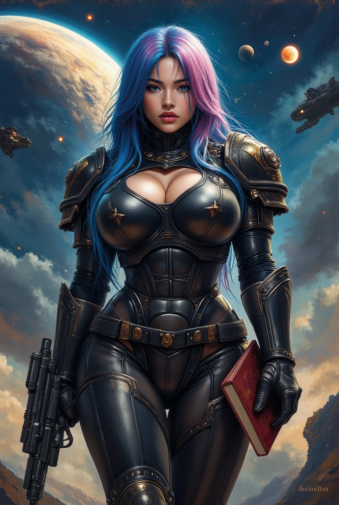 Highly detailed, best quality, masterpiece, official art, highres, absurdres, official art, detailed, cinematic, (mature female), violet braided, mature female, detailed face, detailed eyes, medium breasts, big hips, big thighs, mecha pilot uniform,holding a single m16 rifle in hands,detailed lips, detailed steampunk city with airship in background