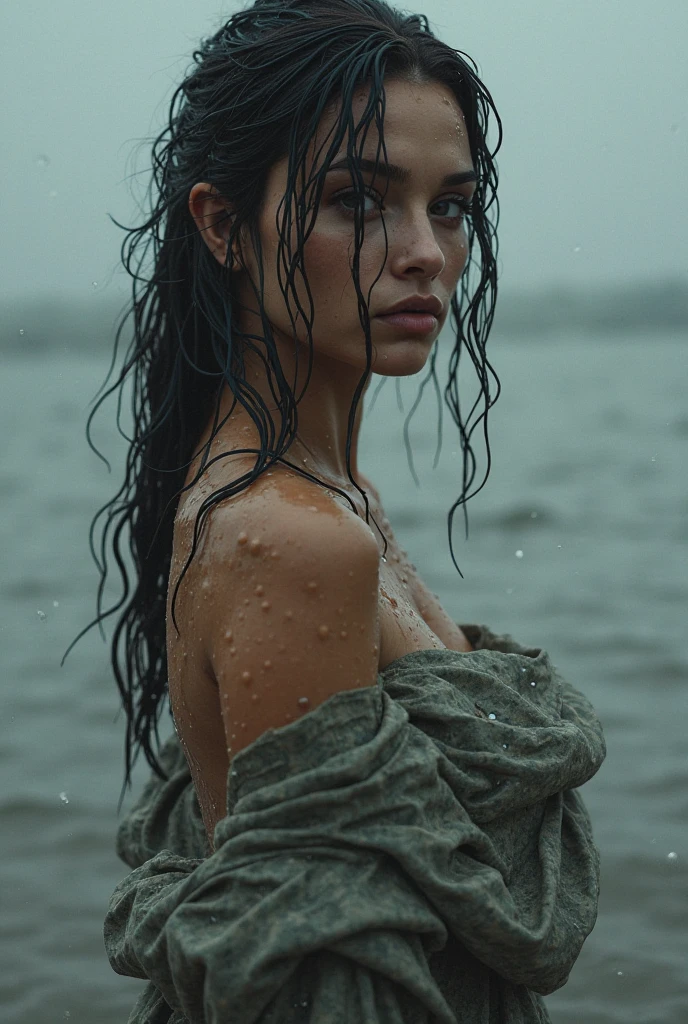 There is a woman with long black hair standing in the grass., wet skin and windblown hair, wet dripping long hair, wet hair, wet flowing hair, wet dripping hair, inspired by Elsa Bleda, naked against the storm, carnal ) wet, rain and thick strands of mucus, inspired, wet hair, soaked body