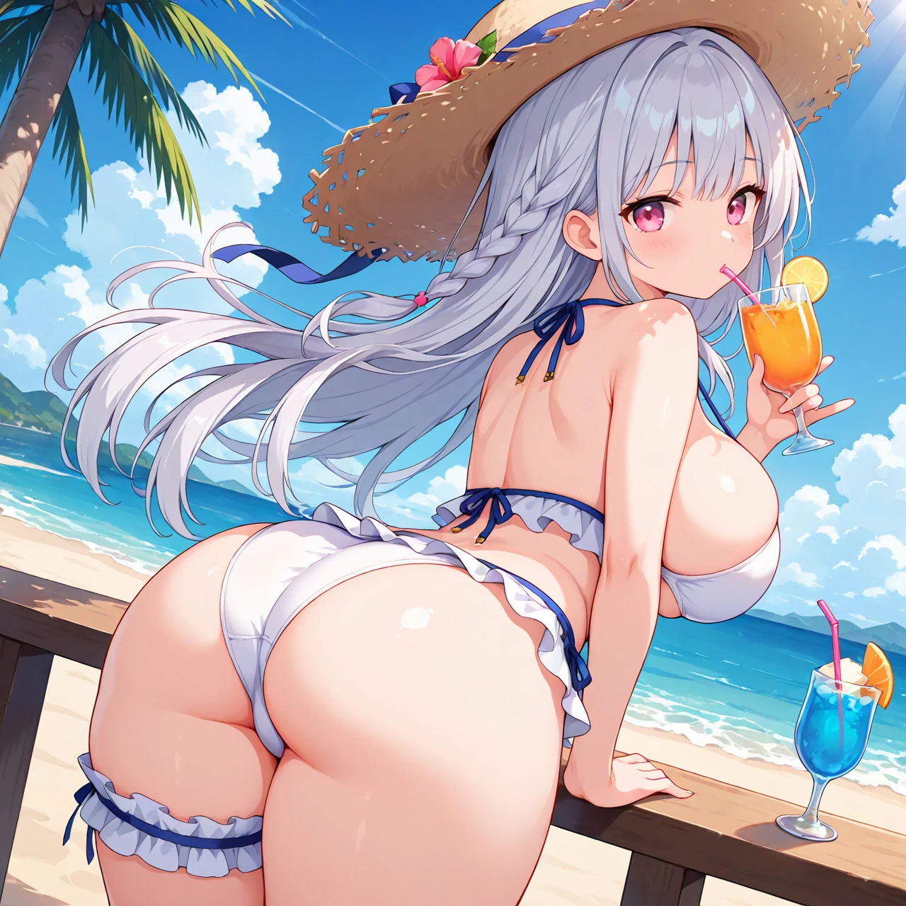 masterpiece, best quality, masterpiece,best quality,official art,extremely detailed CG unity 8k wallpaper, loli, ,(loli,cute), platinum blonde hair, hime_cut, cute face, laughing, huge breasts, blue eyes, bikini,bodystocking,huge ass, uwabaki, on stomach,ass focus,plump