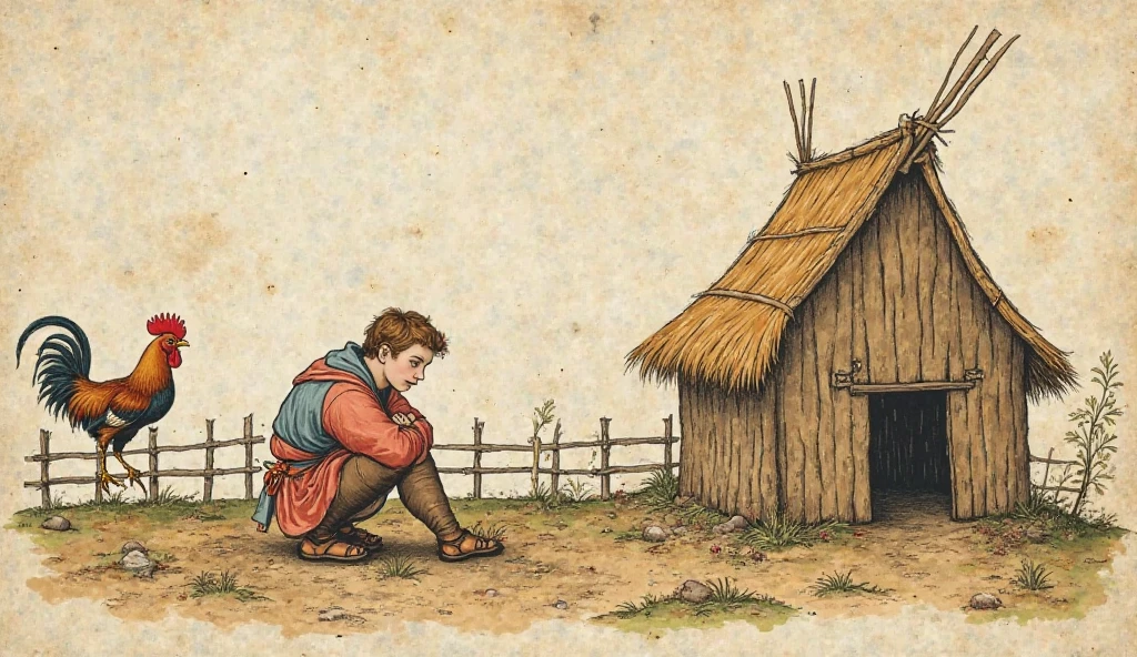 simple boy on top of a hill with an ax and a pile of wood beside